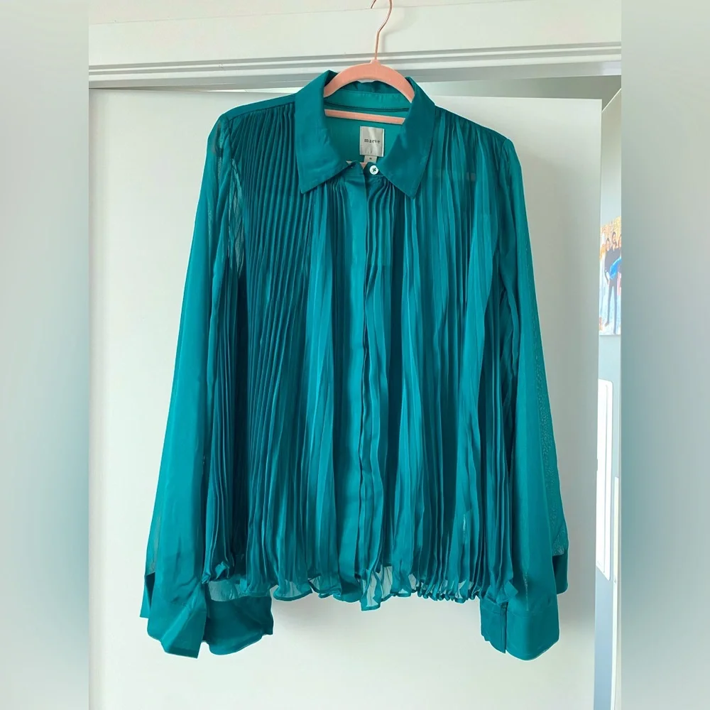 Maeve by Anthropologie l Sheer Pleated Cape Sleeve Blouse in Blue Green - Picture 6 of 12